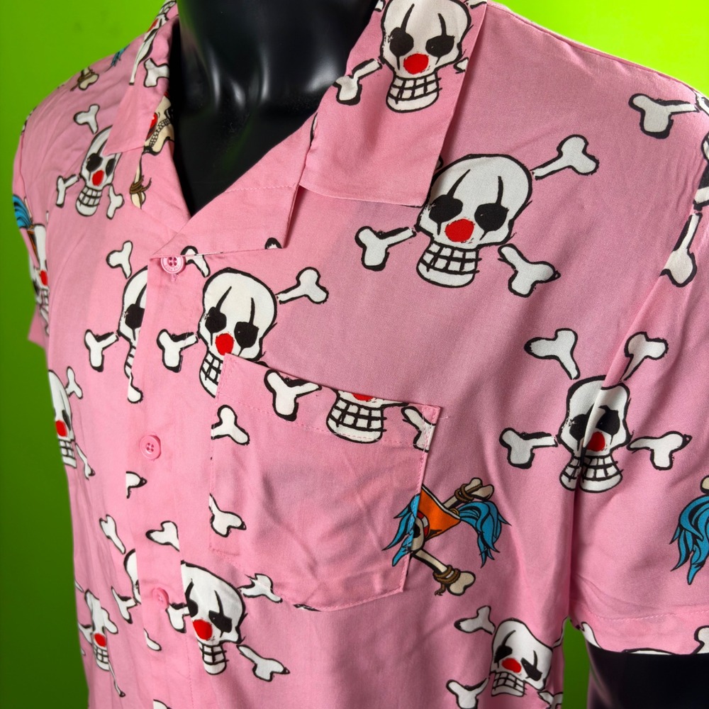 One Piece Buggy Skull AOP Camp Shirt Mens M Pink Button Up Netflix Anime NWOT